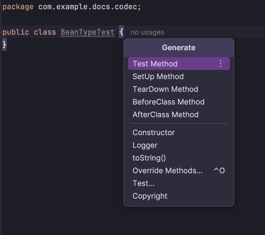 Menü zur Codegenerierung in einer Java-Testdatei