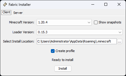 Fabric Installer with "Install" highlighted.