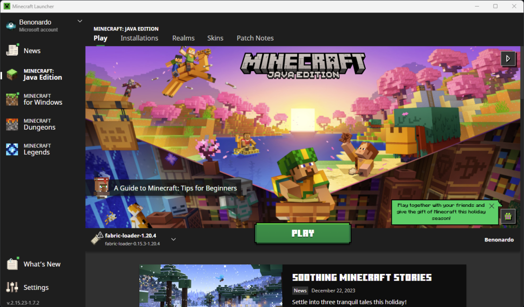 Minecraft Launcher with Fabric profile selected.