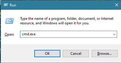 Il dialogo che mostra Windows con "cmd.exe" scritto nella run bar