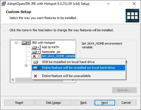 Java 17 installer with "Set JAVA_HOME variable" and "JavaSoft (Oracle) registry keys" highlighted.